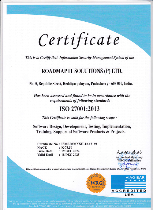 ISO 27001 2013 Certificate Dec 19 2022 - Dec 18 2025